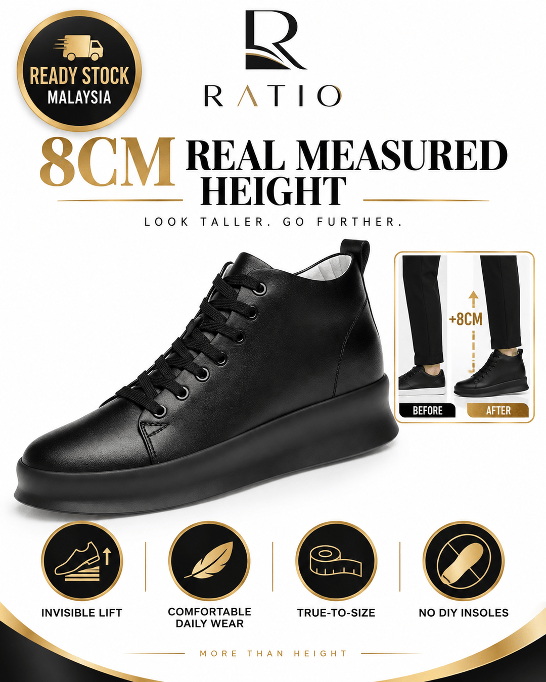 RATIO Elevate X 8CM Black Mid-Top Height Increasing Sneakers
